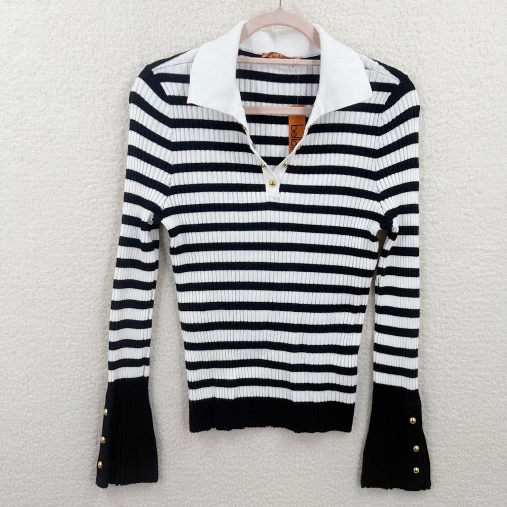 BELLDINI Black white stripe V neck Collared Sweater Top Size L NWT